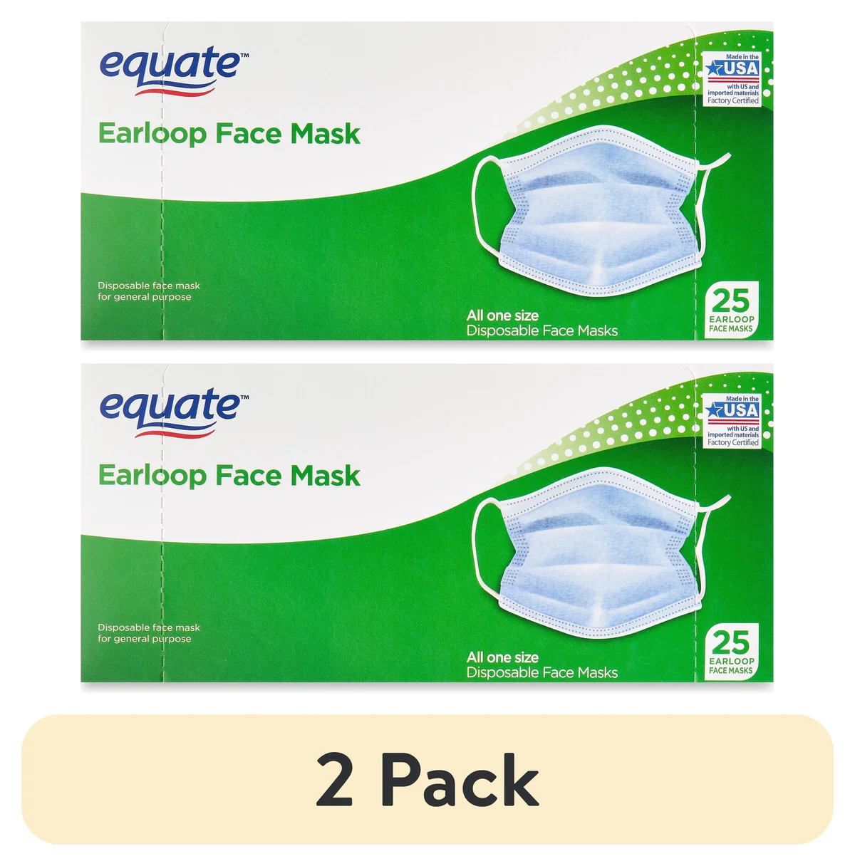 Equate (2 pack) Equate Earloop Disposable Face Masks, Blue, 25 Count 4965
