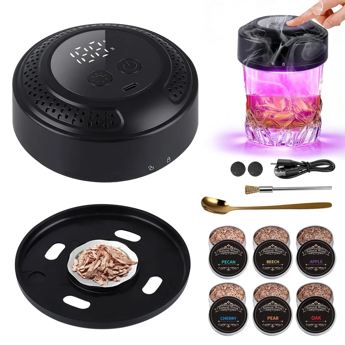 FDDAI Rechargeable Electric Whiskey and Cocktail Smoker Kit with LED Display, 6 Color Lights and 6 Wood Chips 1961