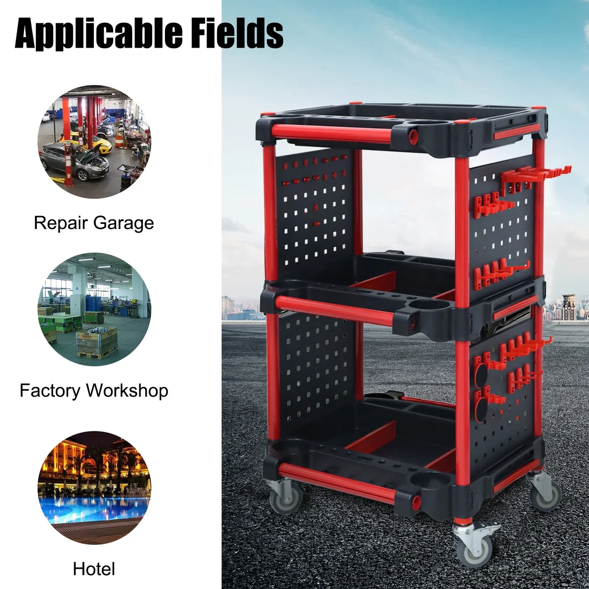 AOMOTA Car Detailing Cart with Wheels – DIY 3-Tier Heavy-Duty Mobile Utility Organizer for Car Wash & Auto Repairs – Adjustable Side Trays, Tool Hoo 0374