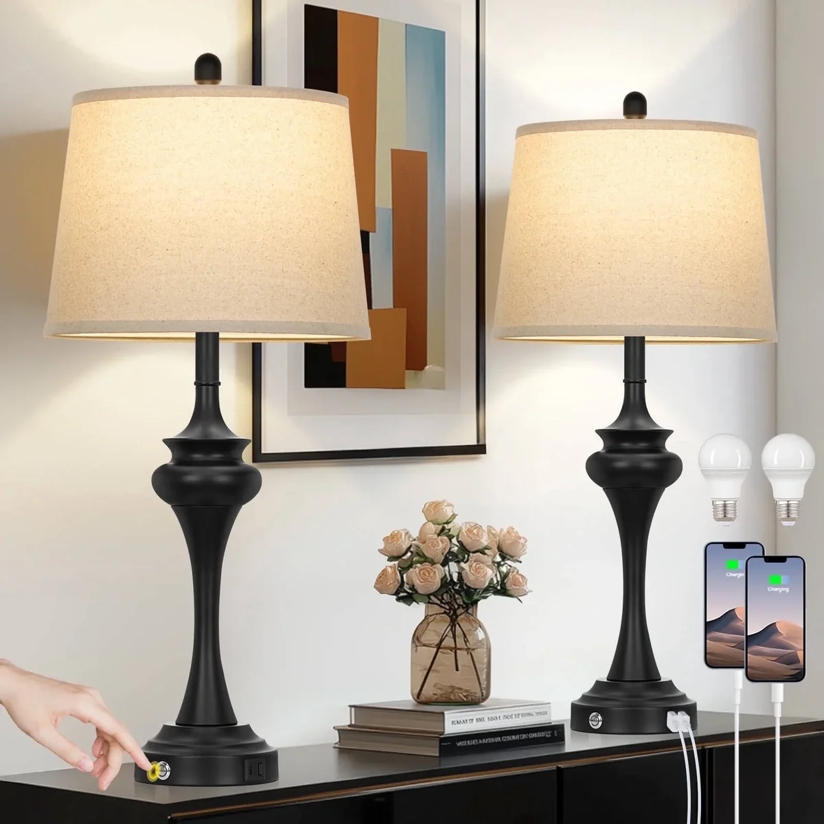 Everdaily Essentials 30" Tall Table Lamps Set of 2, Black Industrial Design with 3-Way Touch Dimming & USB/Type-C Ports for Bedroom Living Room 0624