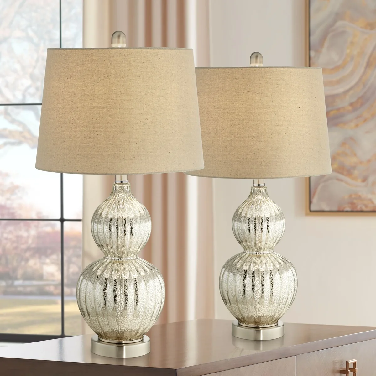 Regency Hill Lili Country Cottage Table Lamps 25" High Set of 2 Fluted Mercury Glass Double Gourd Beige Drum Shade for Bedroom Living Room Bedsid 4280