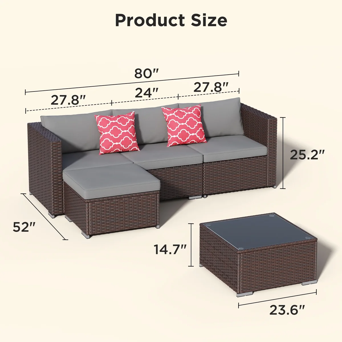 Asofer 5 PCS Outdoor Sectional Sofa Set PE Wicker Rattan Patio Furniture Set with a Glass Coffee Table for Backyard Porch Poolside Patio,Gray 2058