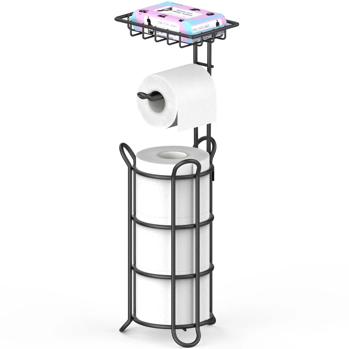 stusgo Inserted Tube Upgraded Toilet Paper Holder Free Standing, Paper Roll Dispenser with Top Storage Shelf for Bathroom-Black 7685
