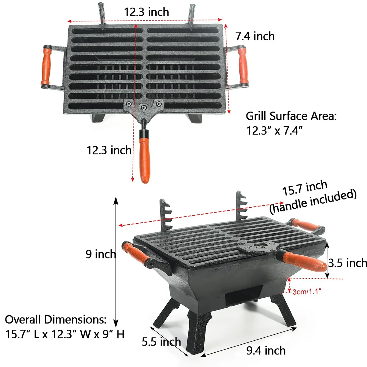 Everdaily Essentials Cast Iron Bbq Grill Tabletop Small Charcoal Stove for Heating Food, 1 Count, 31.5 x 19CM Ref. 3451