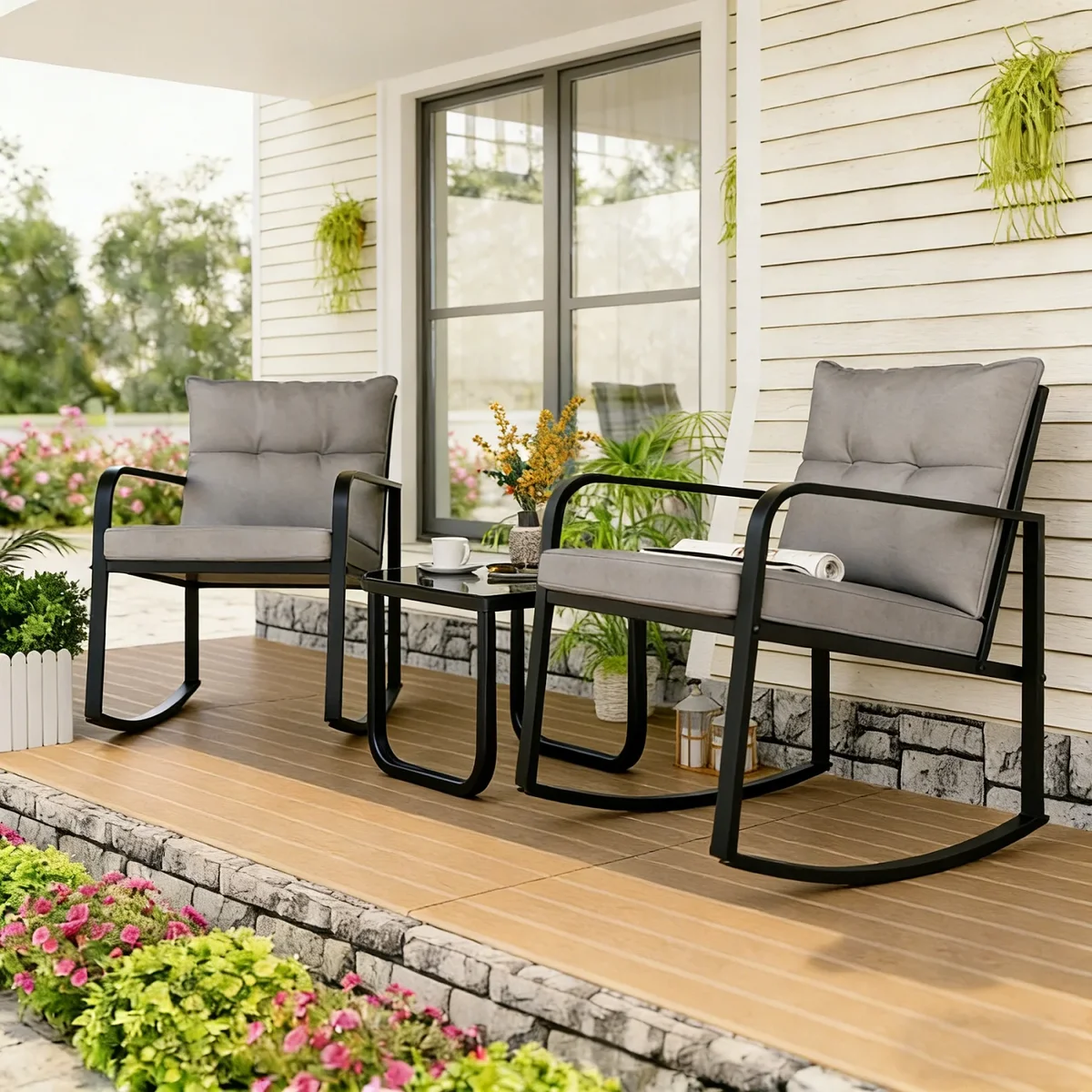 Asofer 3 Piece Outdoor Bistro Set,Porch Rocking Chairs Sets with Glass Coffee Table & Cushion, for Balcony, Garden, Gray 0513