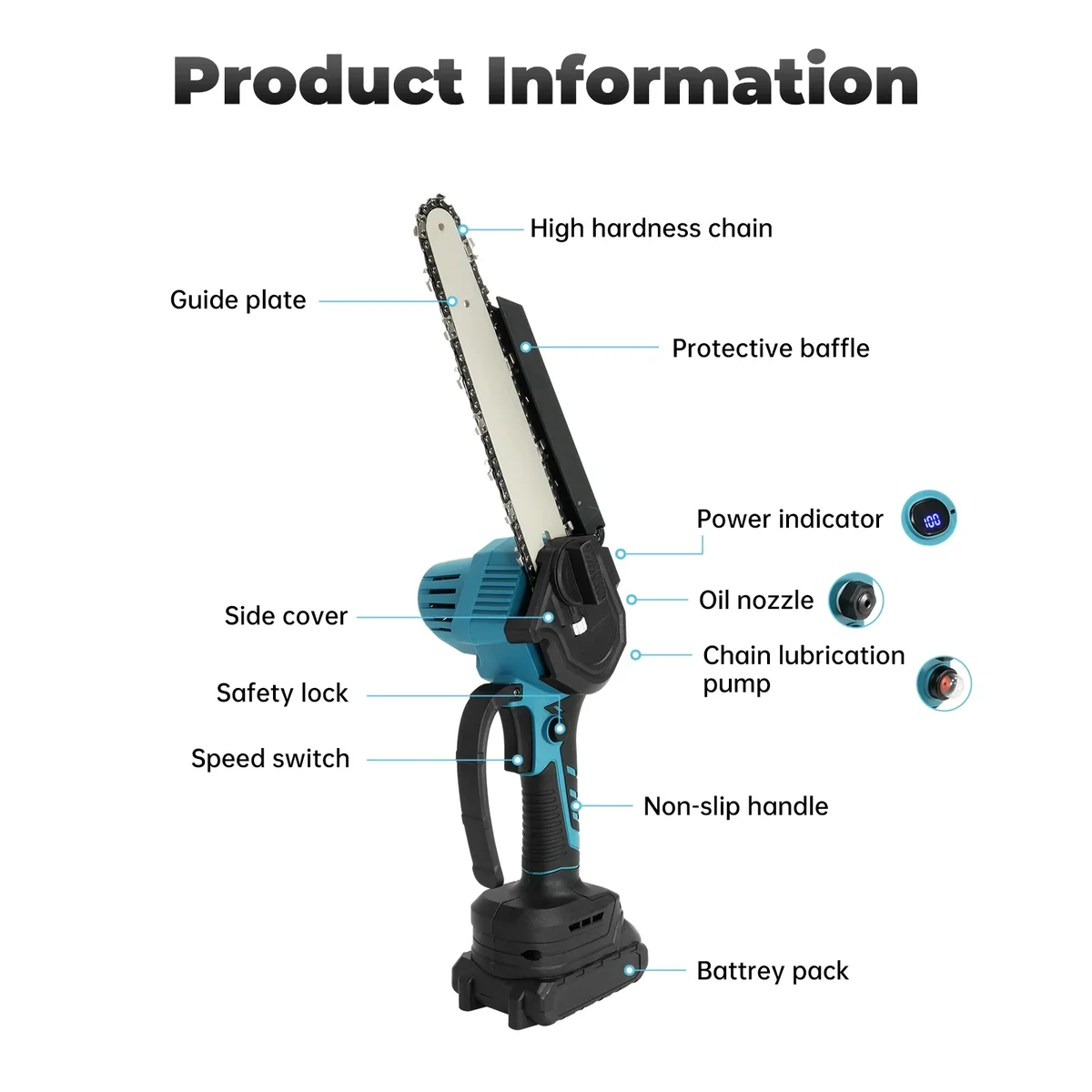 Vipsafe 6" & 8" Mini Chainsaw Cordless with 2 Batteries 2 Chain, Electric Chainsaw for Cutting Gardening, Wood Cutting & DIY, Blue 0751