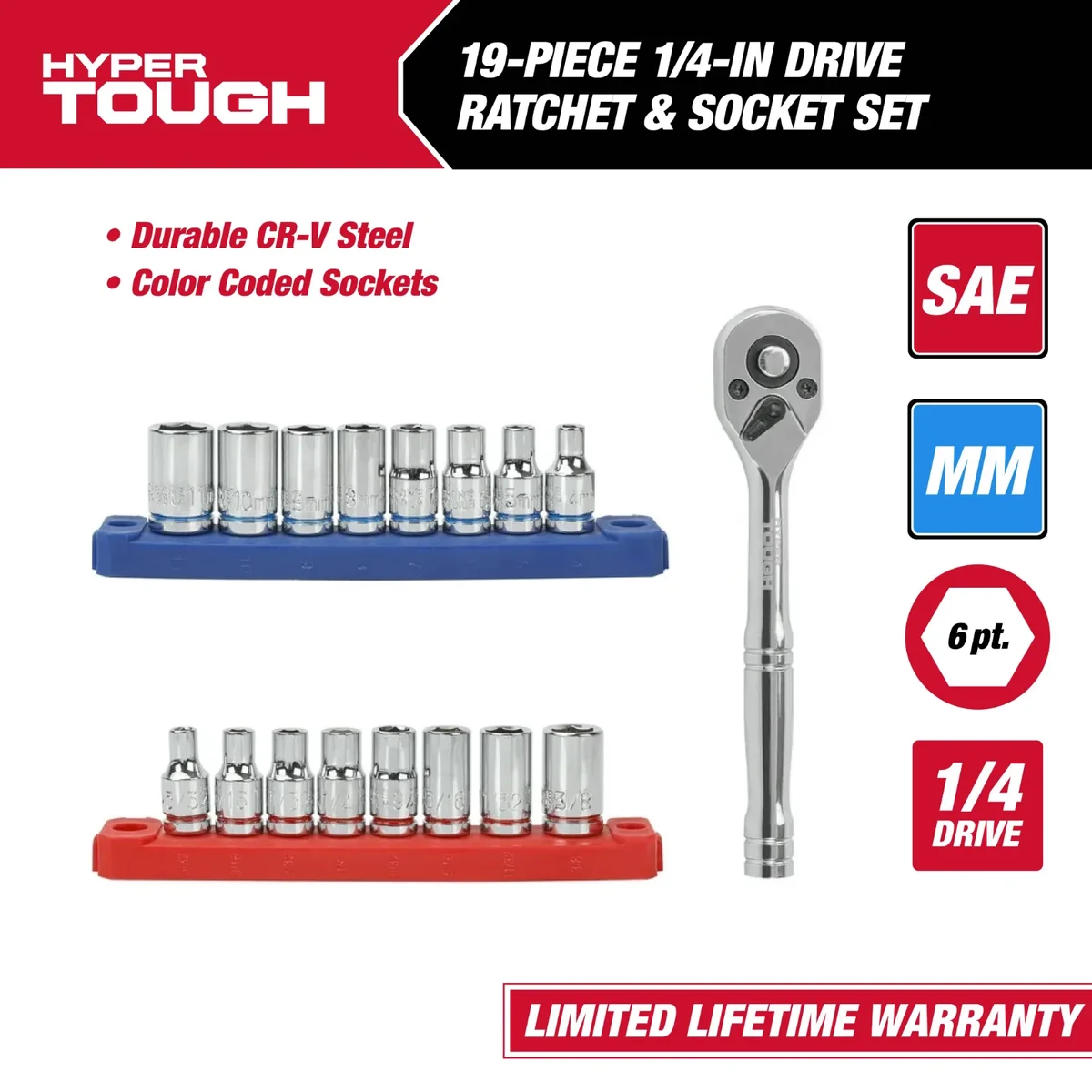 Everdaily Essentials 19-Piece 1/4-inch Drive Ratchet and Socket Set (SAE and mm) Ref. 1566