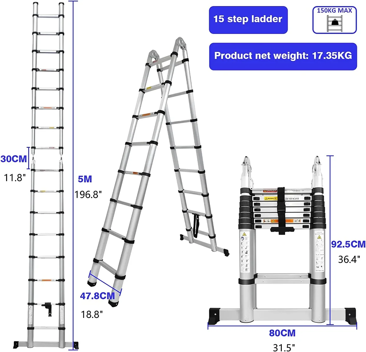 Jupiter Adjustable Telescoping Ladder A-Frame Ladder with Stabilizer Bar, 16.5 ft, Stainless Steel 3287