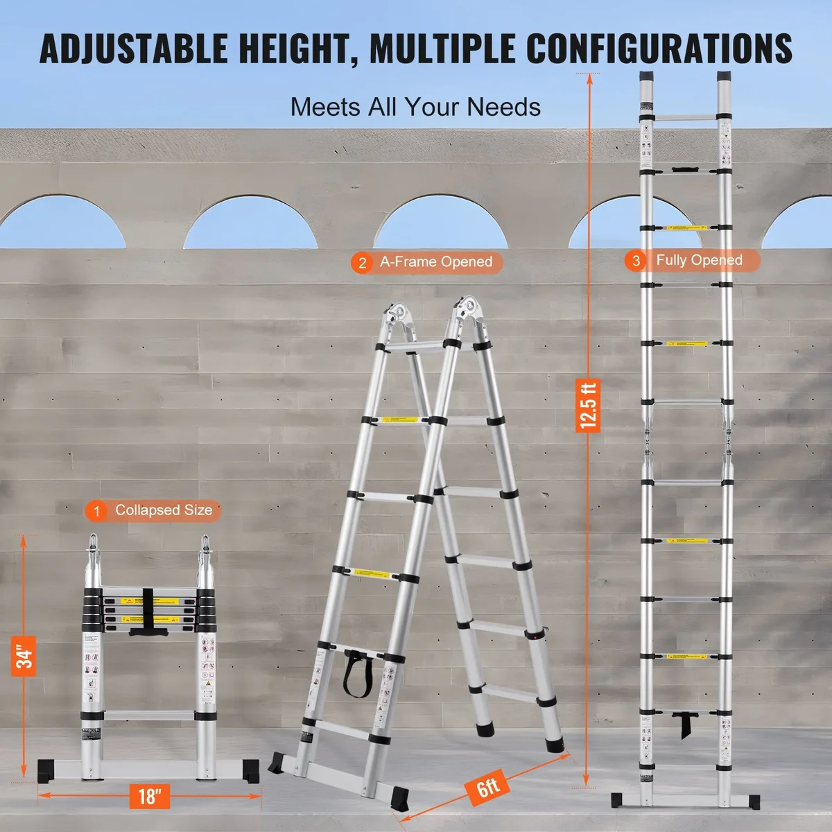 KFFKFF 12.5FT A-Frame Telescoping Ladder, 375lbs Load Capacity Aluminum Lightweight Telescopic Ladder, Multiple-Button Retraction Foldable Ladder 0295