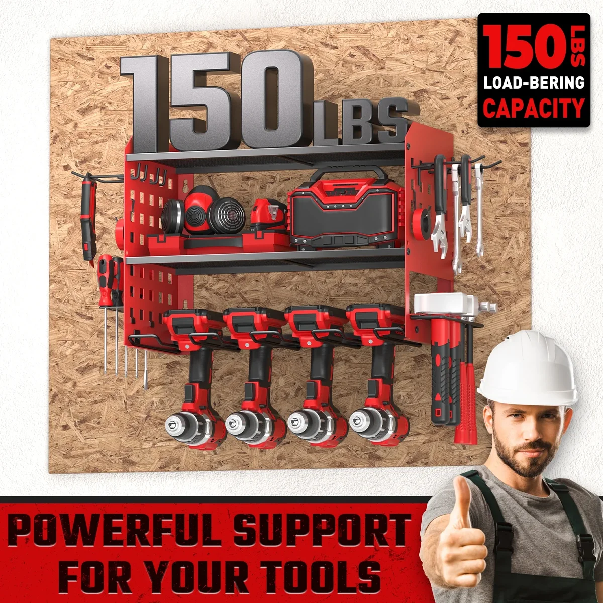 SUNALLY Power Tool Organizer, 3 Layers Drill Holder Wall Mount with 2 Side Pegboards, Heavy Duty Tool Storage Rack for Garage, 150Lbs Load Capaci 7023