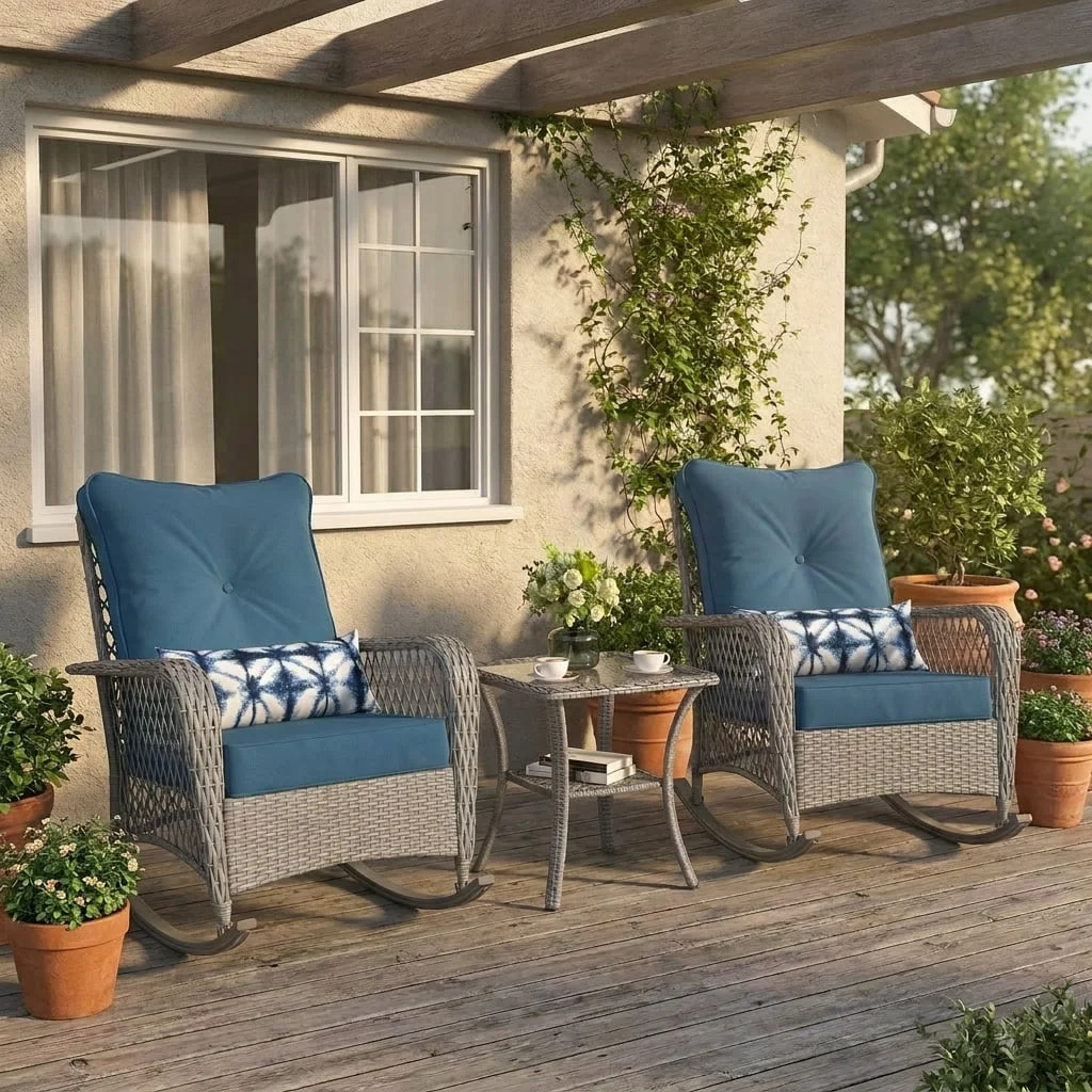UDPATIO 3 Piece Patio Set Rocking, Rattan Outdoor Rocking Patio Bistro Set with 2 Rockers and 1 Side Table with 4‘’ Thick Cushions for Backya 7613