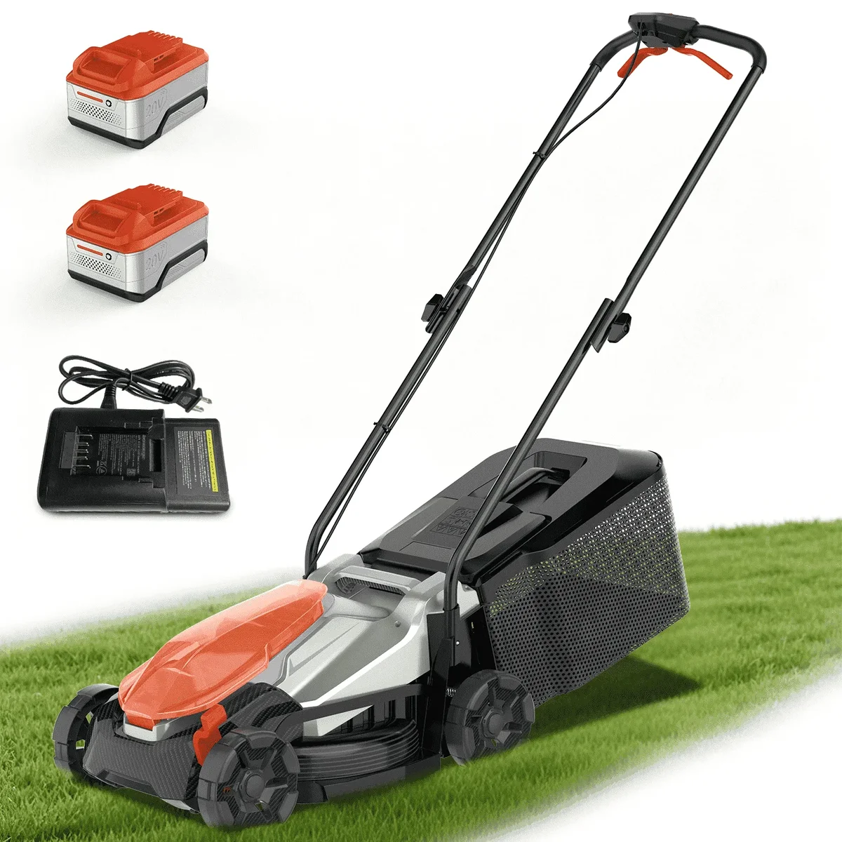FLOYANT 14in Lawn Mower，Electric Lawn Mower with 5-Position Height Adjustment,Walk-Behind Push Mowers with 35L Grass Bag, 2 x 5.0Ah Batteries & 2999