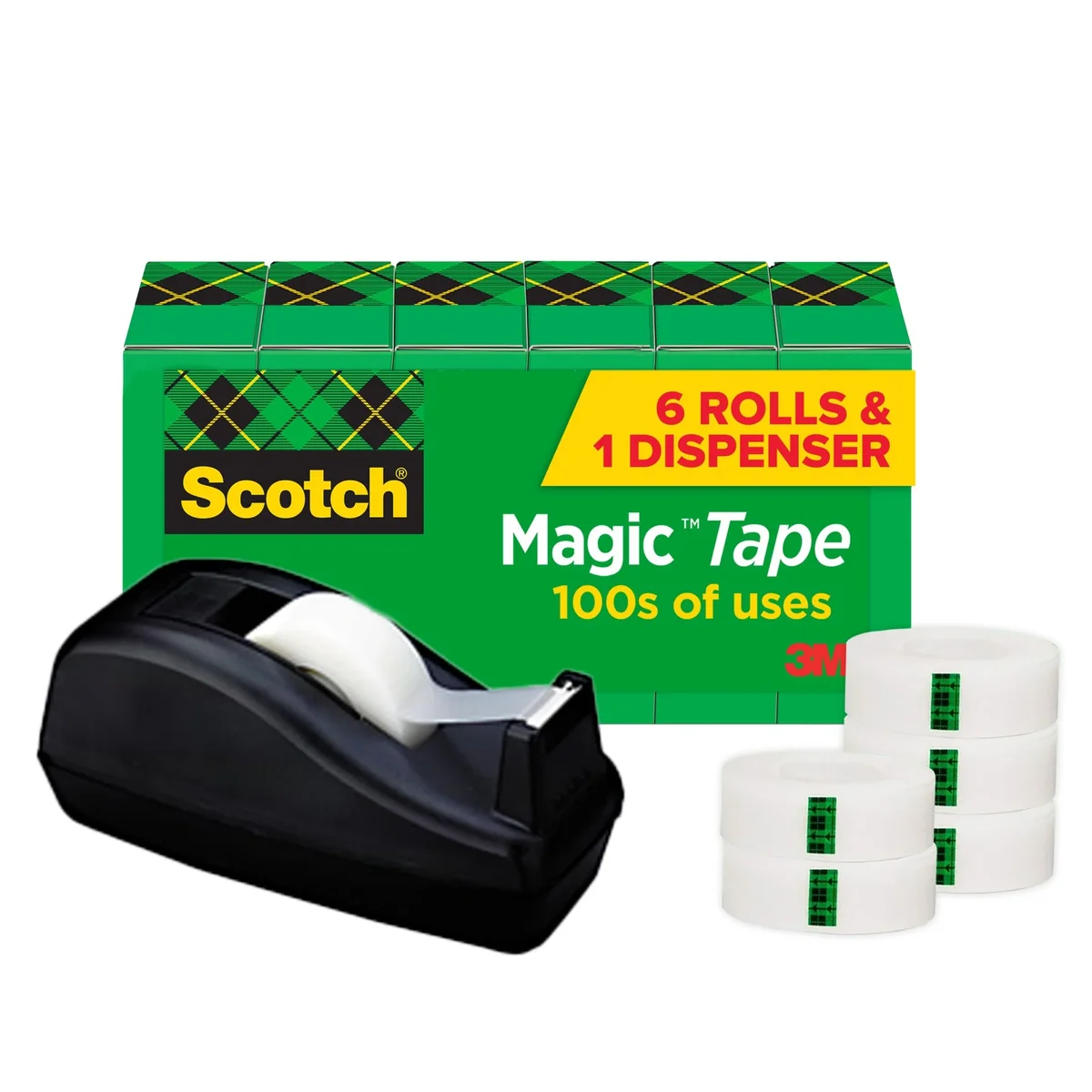 Scotch Magic Tape, Black Dispenser, Value Pack, 3/4" x 1000", 6 Rolls, 1 Dispenser 9124