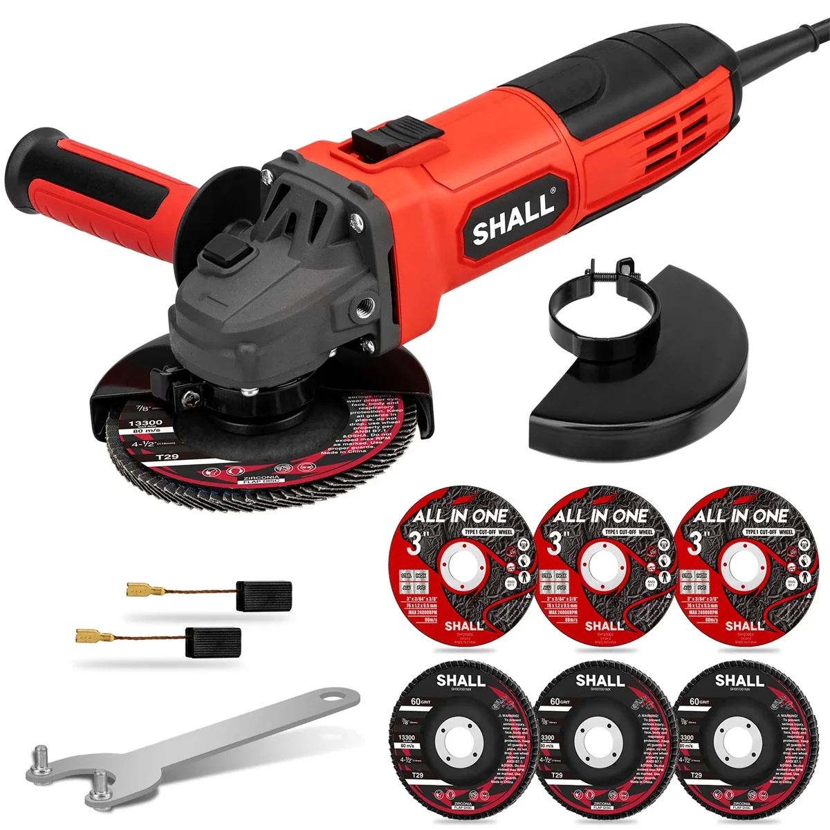 SHALL 4-1/2 Inch 11000 RPM Angle Grinder 4Amp with Guards, 3 Cutting Discs, 3 Grinding Wheel, Non-Slip Handle, Wrench and Carbon Brush for Metal  0502