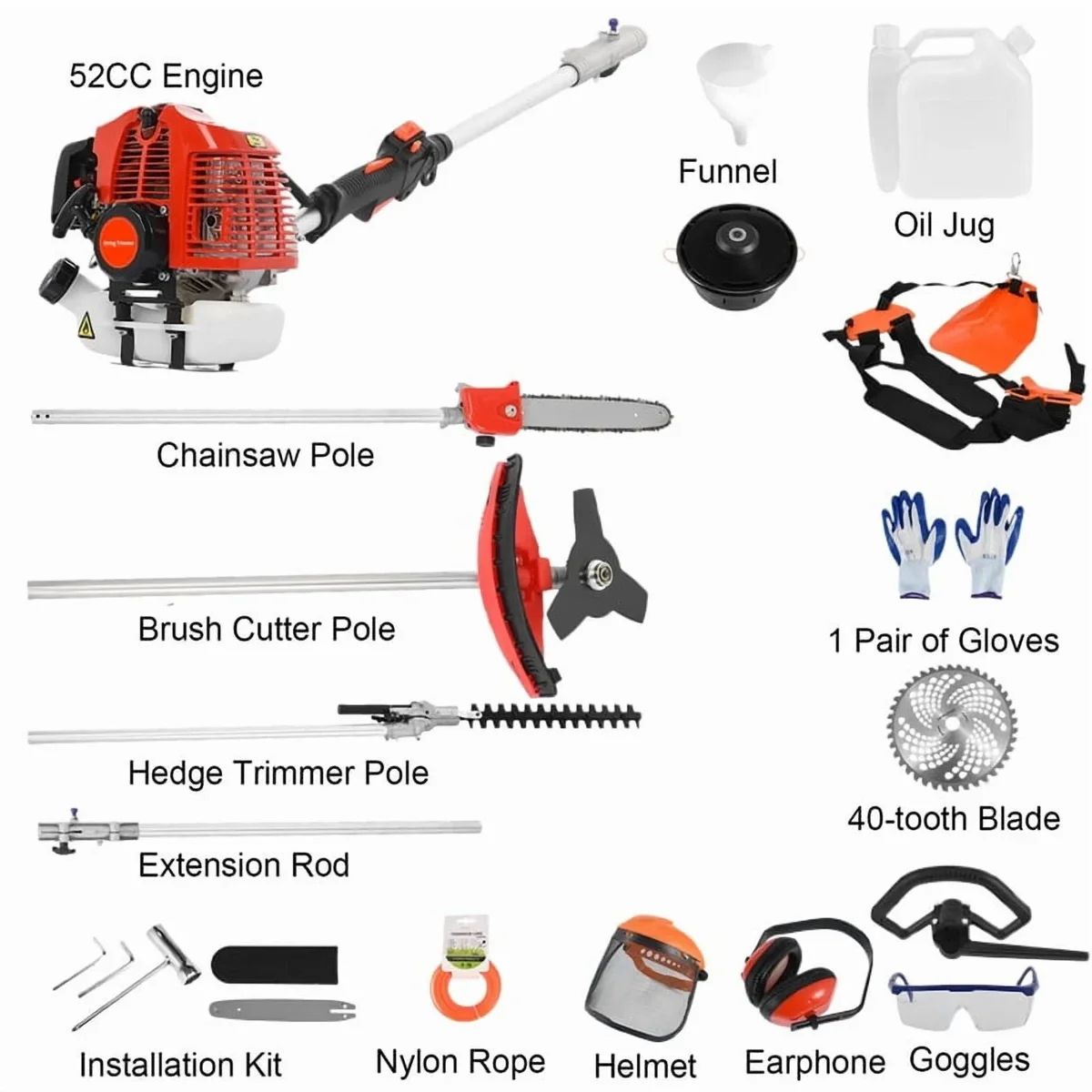 WETS Gas Weed Eater, 52cc 2-Stroke Weed Eater Gas Powe, 5 in 1 Multi-Functional Gas Weed Wacker with Full Functioning Guard Accessories Petrol Hedge T 6400