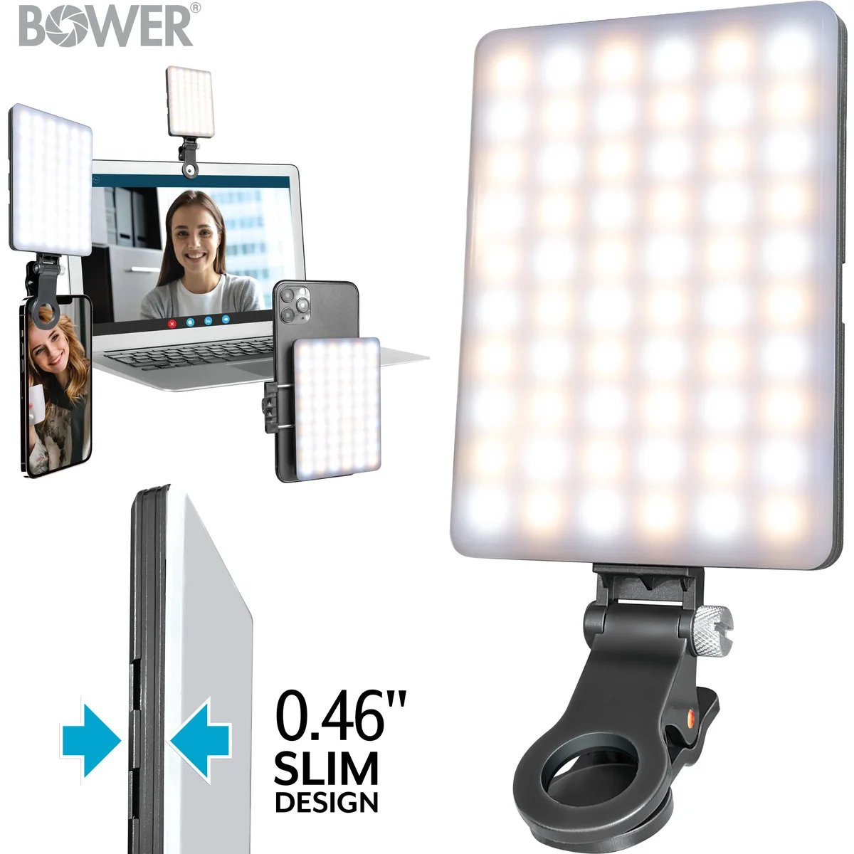 Bower Clip-on Snap Light for Streaming, Selfies & Remote Work - USB-C, 8-Level Brightness, Black 9431