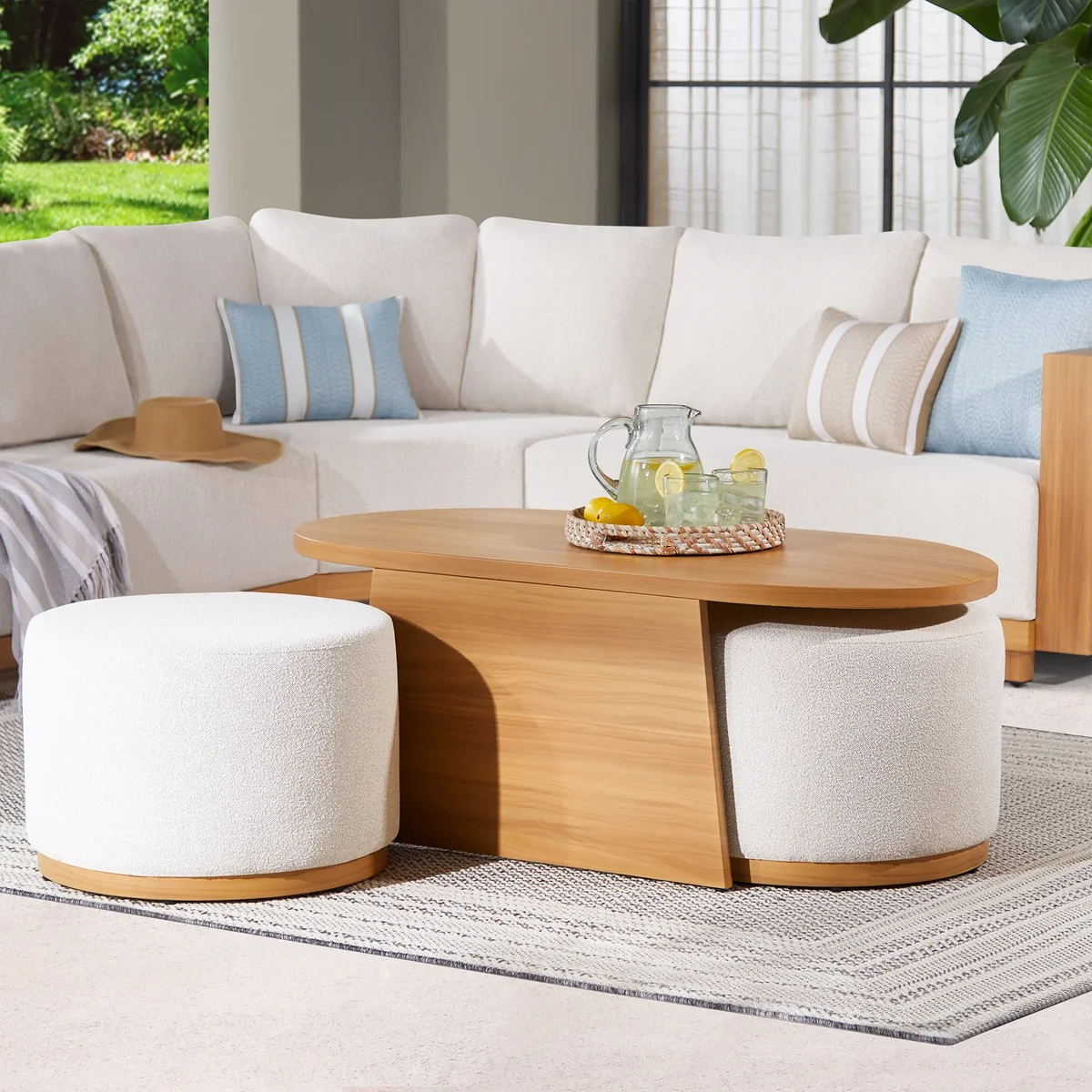 Better Homes & Gardens Juliet Outdoor Coffee Table and 2 Ottomans with Patio Cover, Beige 8324