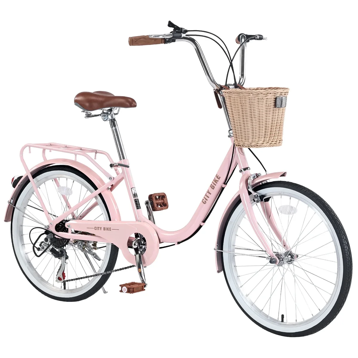 Juuar 22" Womens Beach Cruiser Bike with Basket & Rear Rack, 7 Speed Steel Frame City Commuter Bicycle for Adult Ladies, Pink 9873
