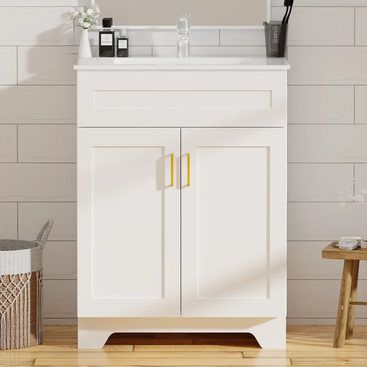 Everdaily Essentials 24" Bathroom Vanity with Sink Wooden Double Door Bathroom Storage Cabinet,Freestanding Cabinet Vanity with Ceramic Sink,White 2961