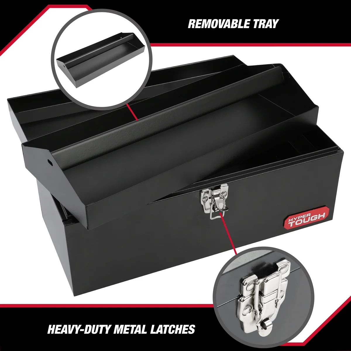 Hyper Tough 16-inch Black Metal Tool Box with Removable Tool Tray 6958