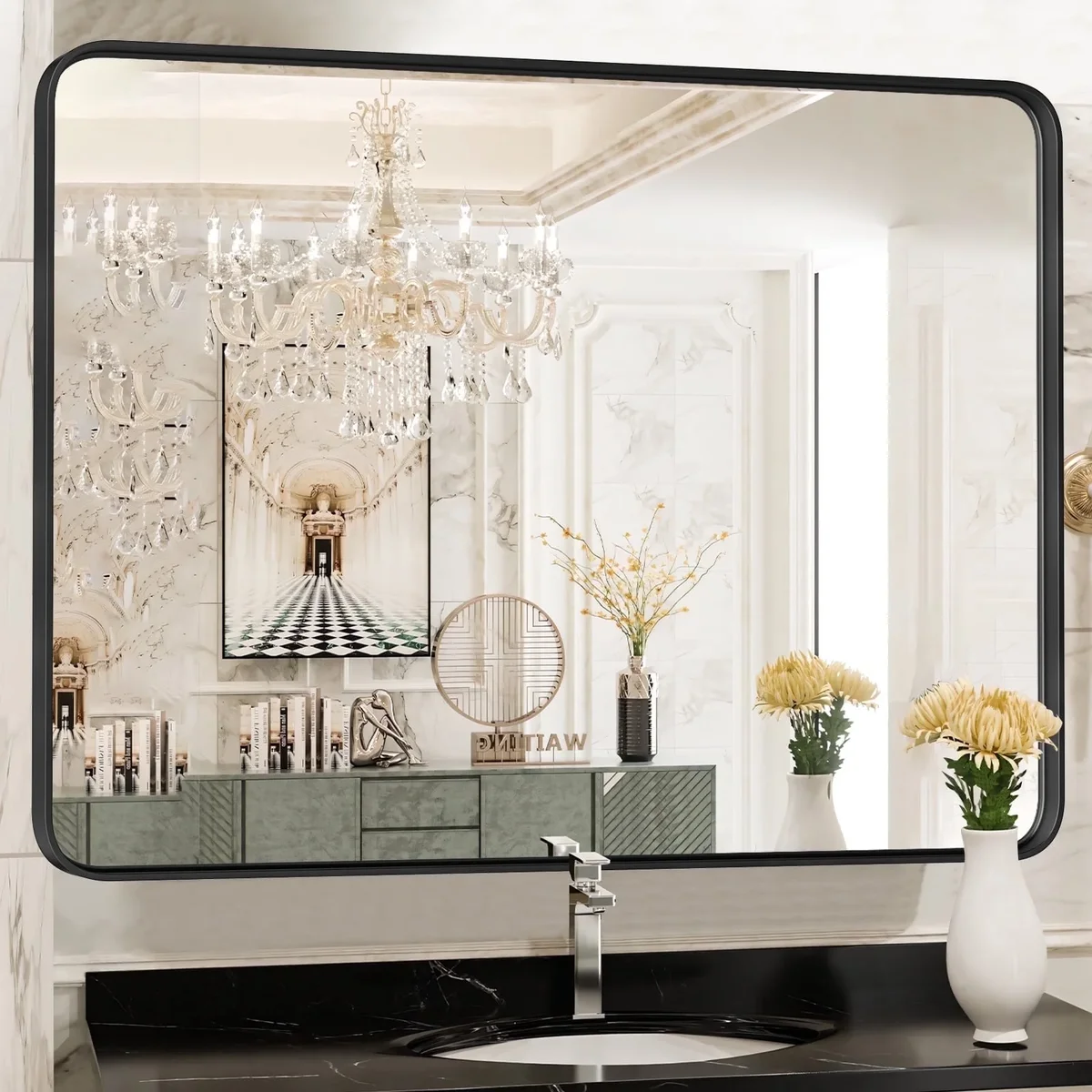 EDX Bathroom Mirror 40"x 30" Wall Mirror with Rectangular Metal Frame, Black 0415