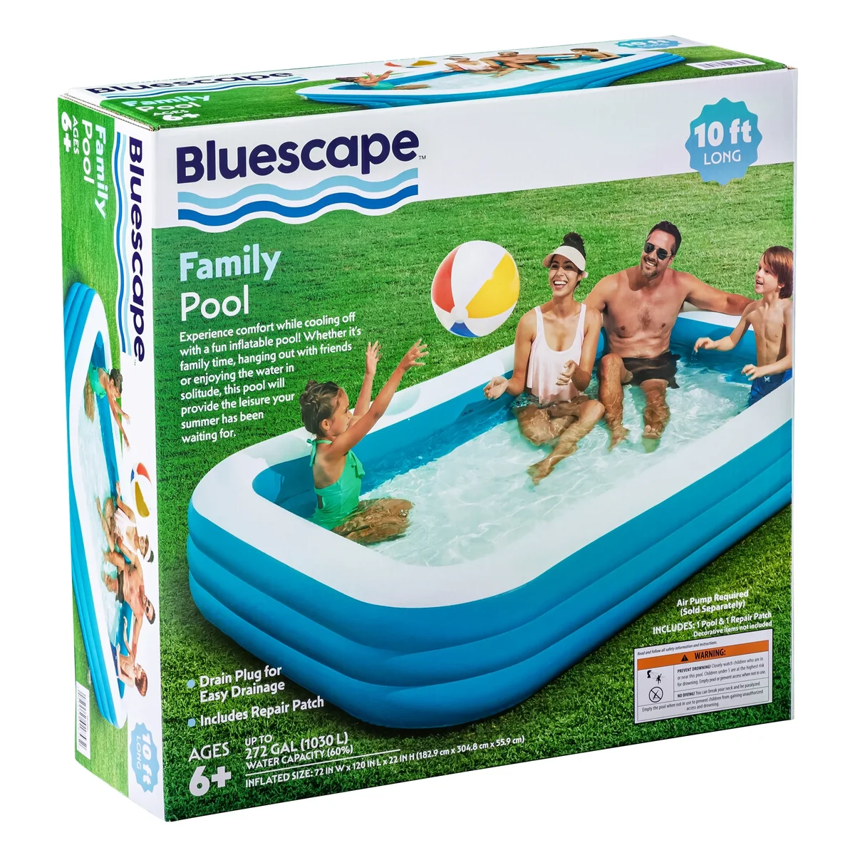 Bluescape 10ft Rectangular Family Inflatable Swimming Pool for Ages 6 and Up 3256