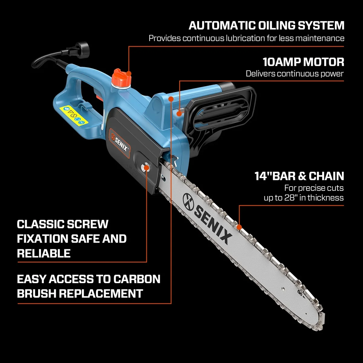 Senix 14" 10A Electric Corded Chainsaw with Oregon Bar & Chain, Blue 6545