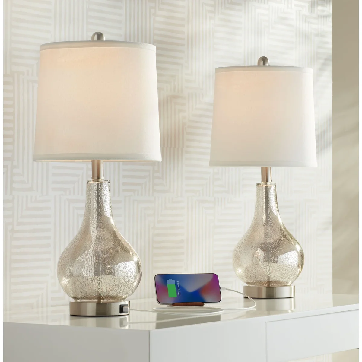 360 Lighting Ledger Modern Accent Table Lamps 21 3/4" High Set of 2 Mercury Glass with USB Charging Port Off-White Drum Shade for Family Office D 8722