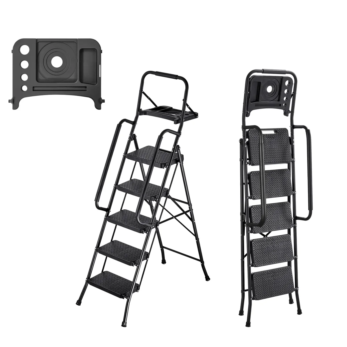 Everdaily Essentials 5-Step Folding Ladder with Wide Non-Slip Pedals, Tool Tray, Dual Handrails, Capacity, Portable Steel Ladder for Kitchen, Home, and Office 4107