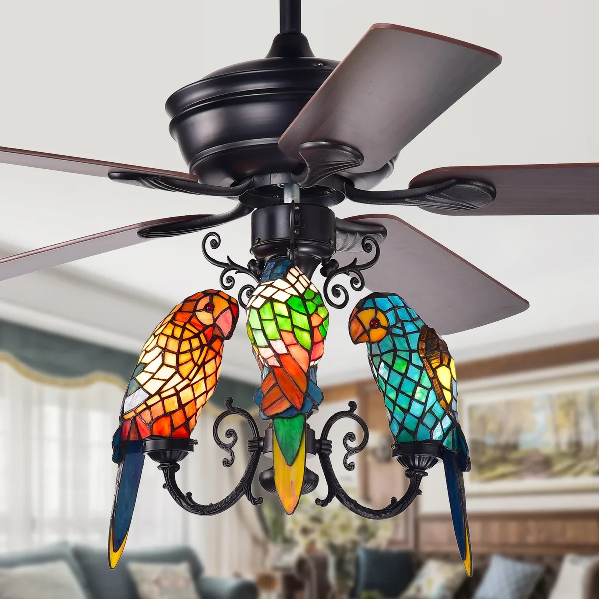 Warehouse of Tiffany Korubo 3-light 52-inch Lighted Ceiling Fan Tiffany Style Parrot Shades (remote controlled) 2998