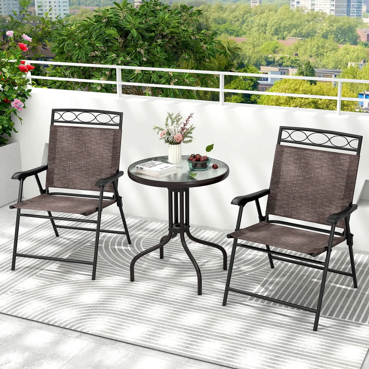 Everdaily Essentials 3 PCS Outdoor Bistro Dining Furniture Set with 1.57" Umbrella Hole Rippled 7091