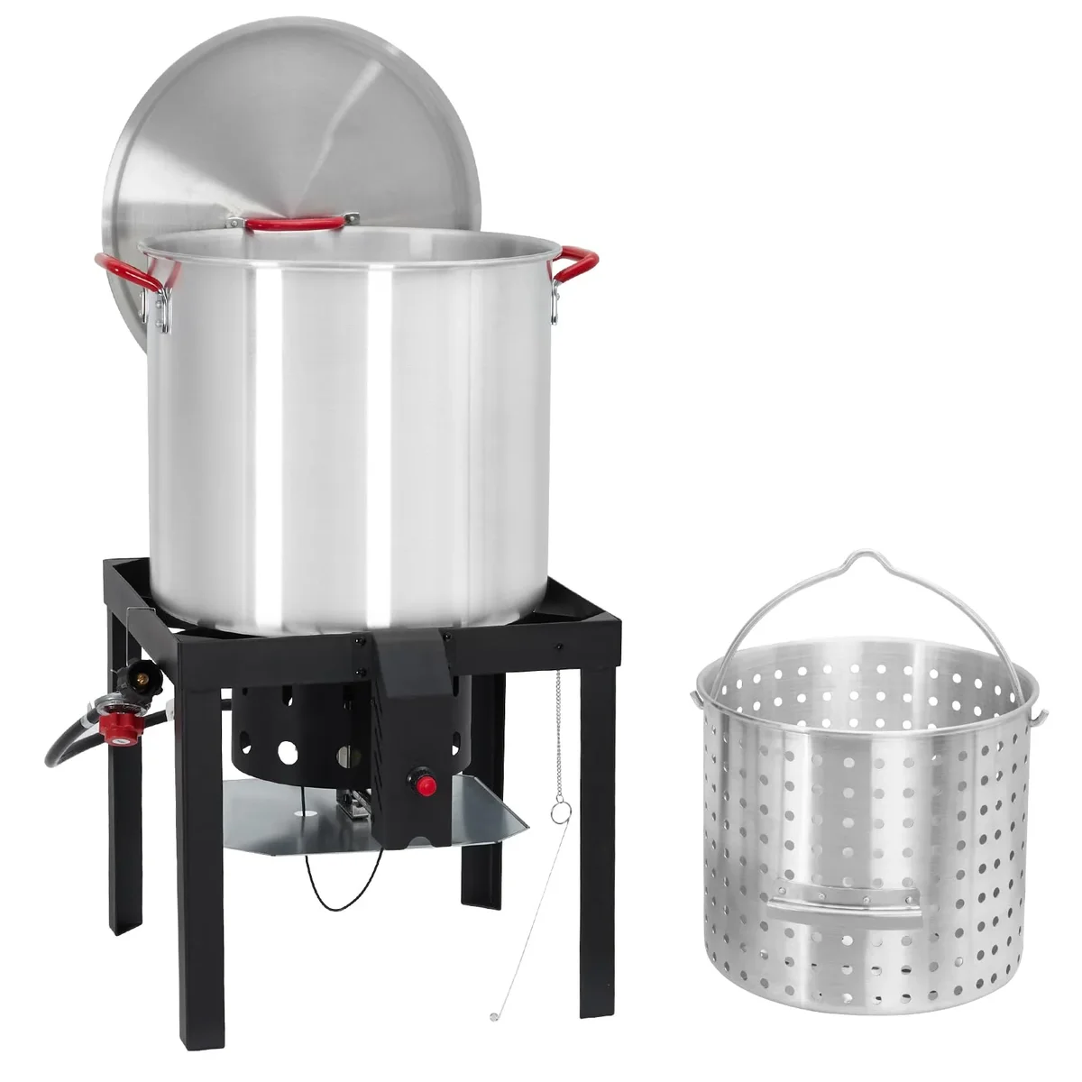 Everdaily Essentials 60 Qt Seafood Boil Pot,ACONEE Aluminum Crawfish Boiler w/Steam/Boil Basket & Strainer,110000 BTU Propane Stove Burner with Lifting Hook,10 PSI Re Ref. 9547