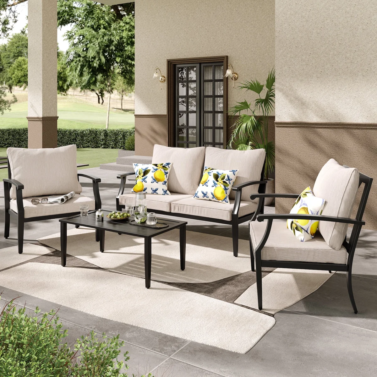 JOYURE 4 pieces Patio Furniture Set w/loveseat,Coffe Table,Outdoor Conversation Metal Sofa with High Back and Thick Cushion,for Backyard,Garden,B 0075