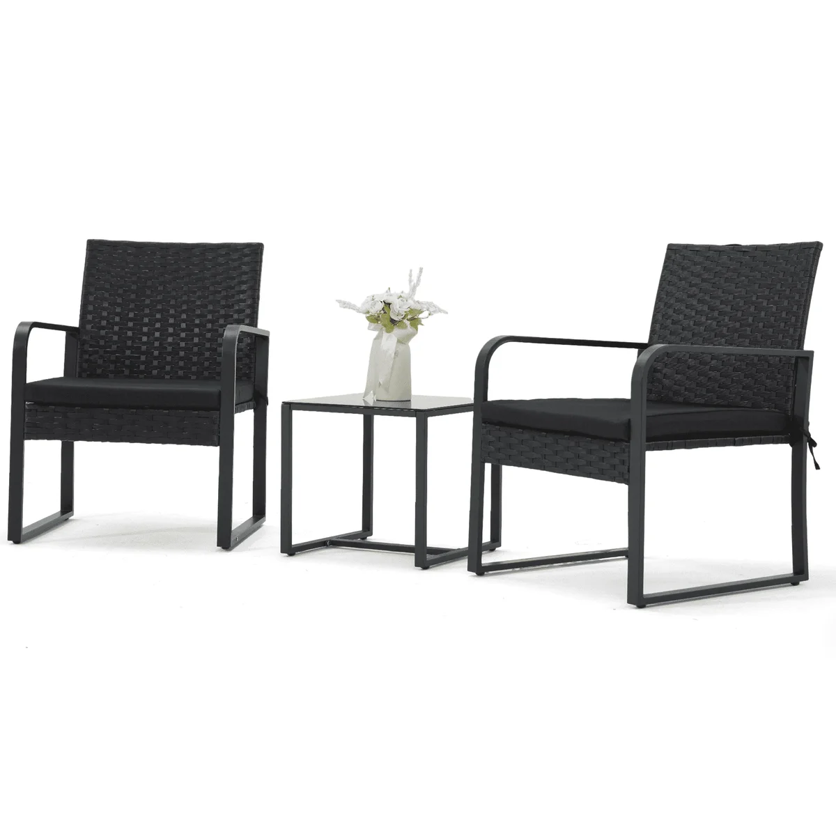 Bezseller 3-Piece Patio Bistro Set, Outdoor Rattan Furniture Set, Black (Round Arm) 9522