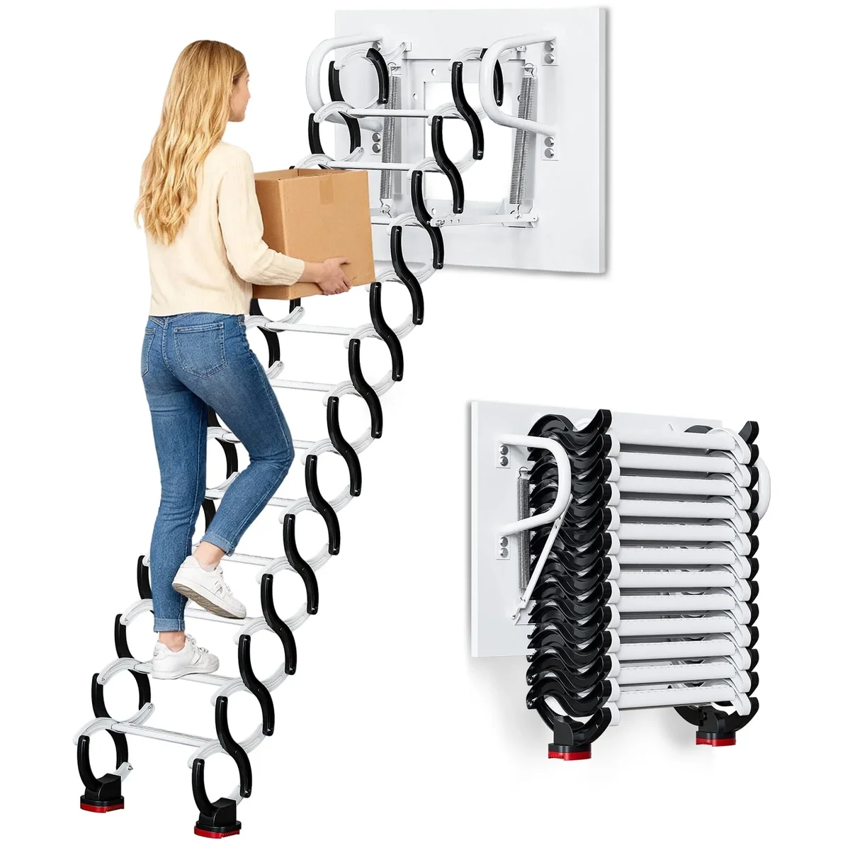 Maeklon 12-Steps Wall Mounted Attic Ladder kit with Handrails, 3.1m Folding Loft Staircase, Up to 882 lbs Telescopic Fold Ladder for Attics, Garages, Roo 3491
