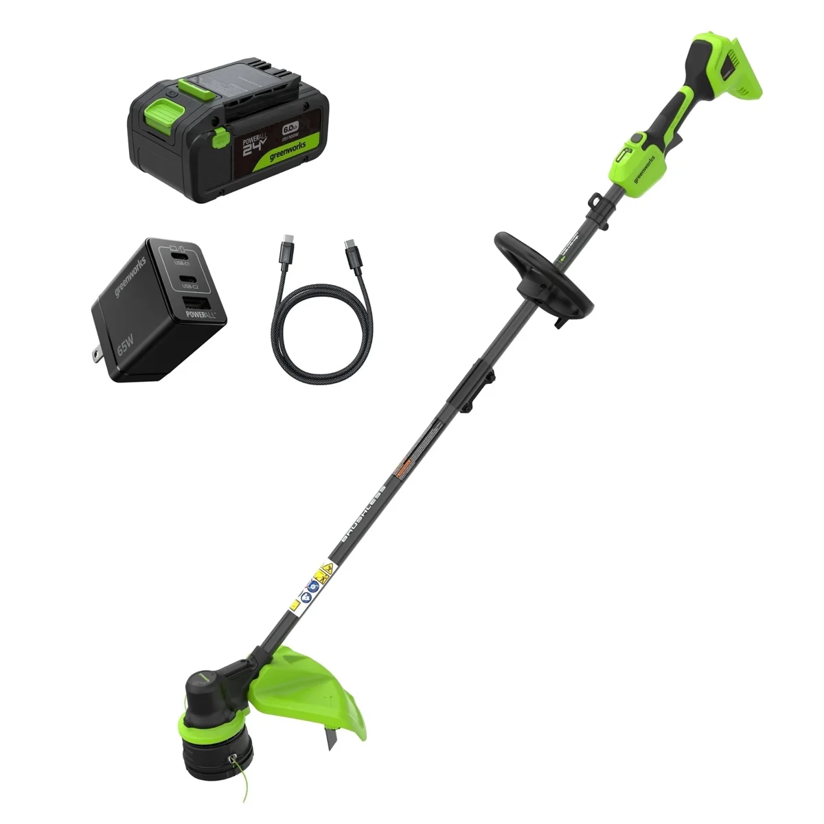 Greenworks 24V 15" Brushless String Trimmer, 0.080" Dual Line, Quick Load, Includes 6.0Ah Battery, 65W Type-C Charger and 3-ft Cable, 3-Year Warr 0111