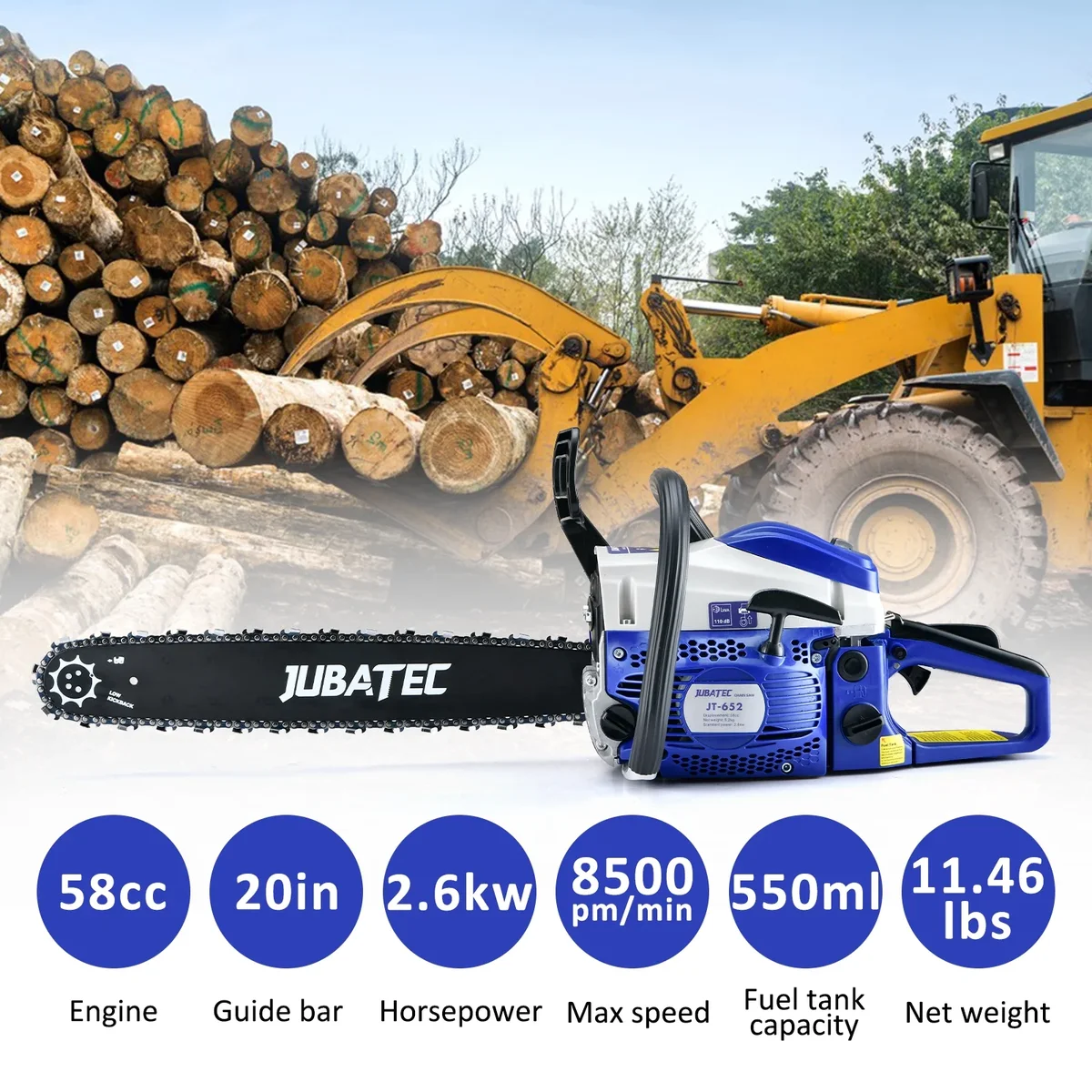 JUBATEC 58cc Gas Chainsaw 2-Cycle Engine Gas Powered Chainsaws 20 Inch Petrol Handheld Cordless Gasoline Chain Saw for Cutting Wood Tree Trimming Farm Ga 9217