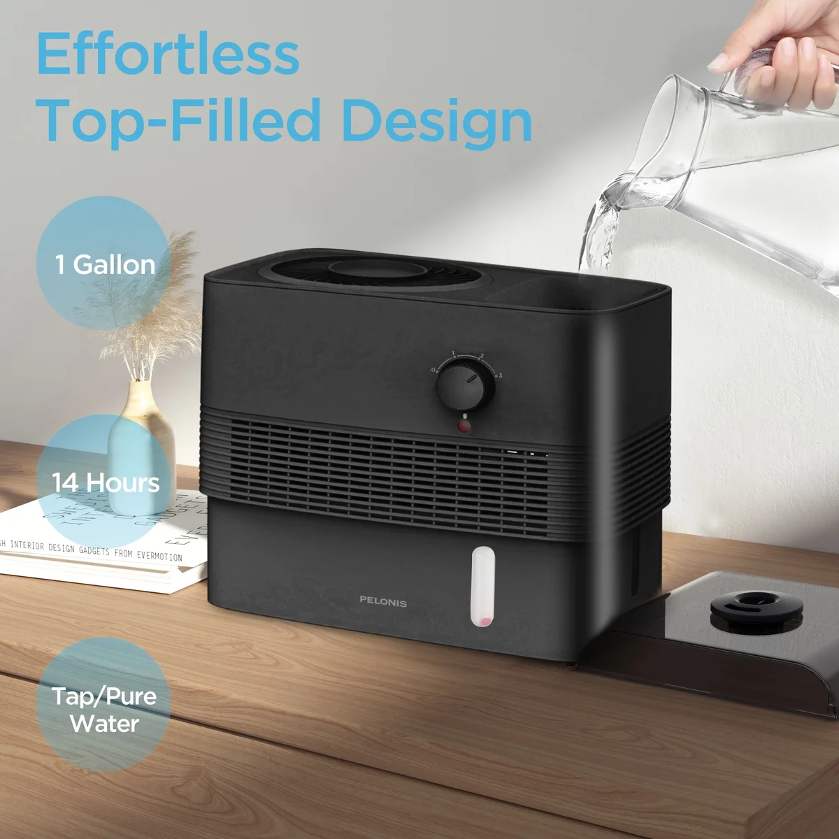 Everdaily Essentials Humidifier, 1 Gallon, Quite Operation, Auto Shut Off, Diffuser, Black 6859