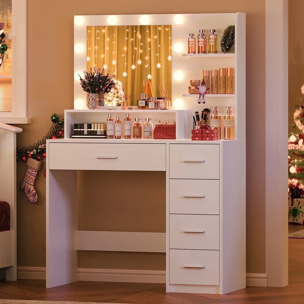 SOMLINE Vanity Set with Mirror, Vanity Desk with 5 Drawers & Storage Shelves, Makeup Vanity , 3 Color Modes & Adjustable Brightness, Bedroom, Whi 3705