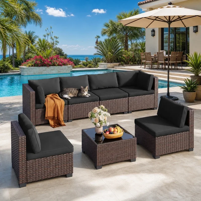 Aiho 7-Piece Rattan Patio Furniture Set , Outdoor Sectional Furniture Set with Tempered Glass Table for Patio, Garden, Backyard 1330