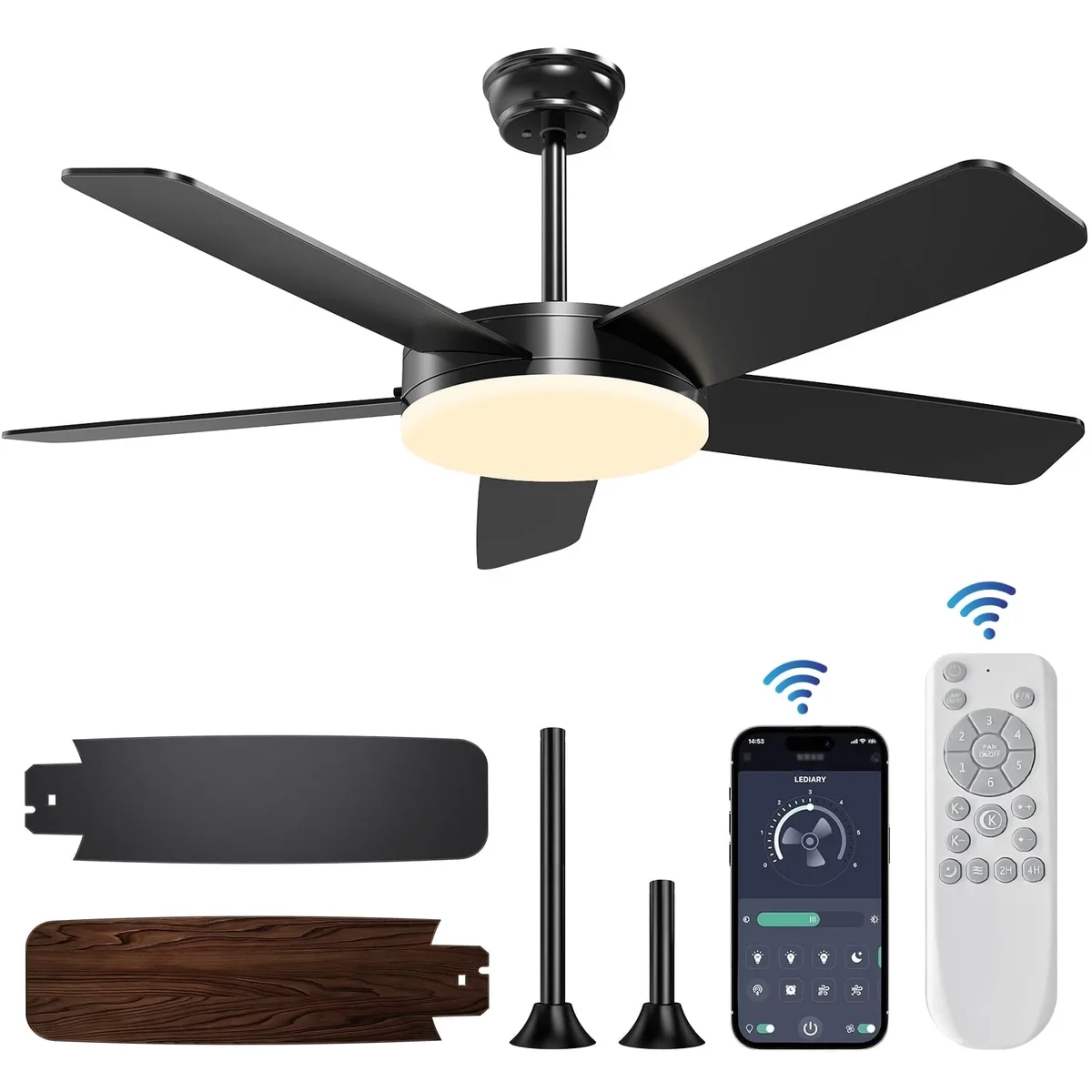 Kaqinu Ceiling Fans with Lights and Remote & App Control,45 inch Modern Ceiling Fans,6 Speeds 3 Colors for Indoor Black 4262