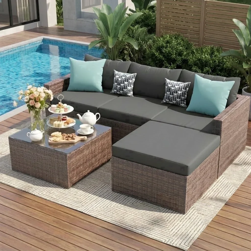 UDPATIO 5-Piece Patio Furniture Set,Outdoor Patio Furniture Set All-Weather Rattan Wicker Patio Conversation Set with Ottoman, Cushions & Glass T 1687