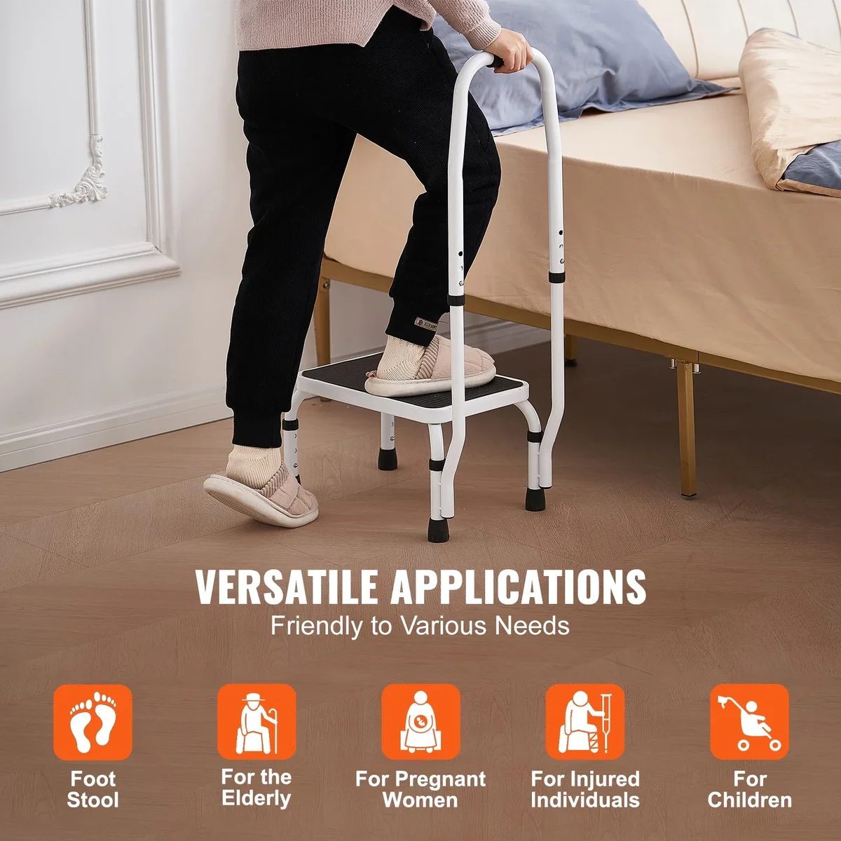 VEVOR Step Stool 1-Step 330lbs Capacity, 3 Adjustable Height with Handle Steel Step Ladder, Portable Step Stools for Adults, Non-Slip Sturdy Step 9475