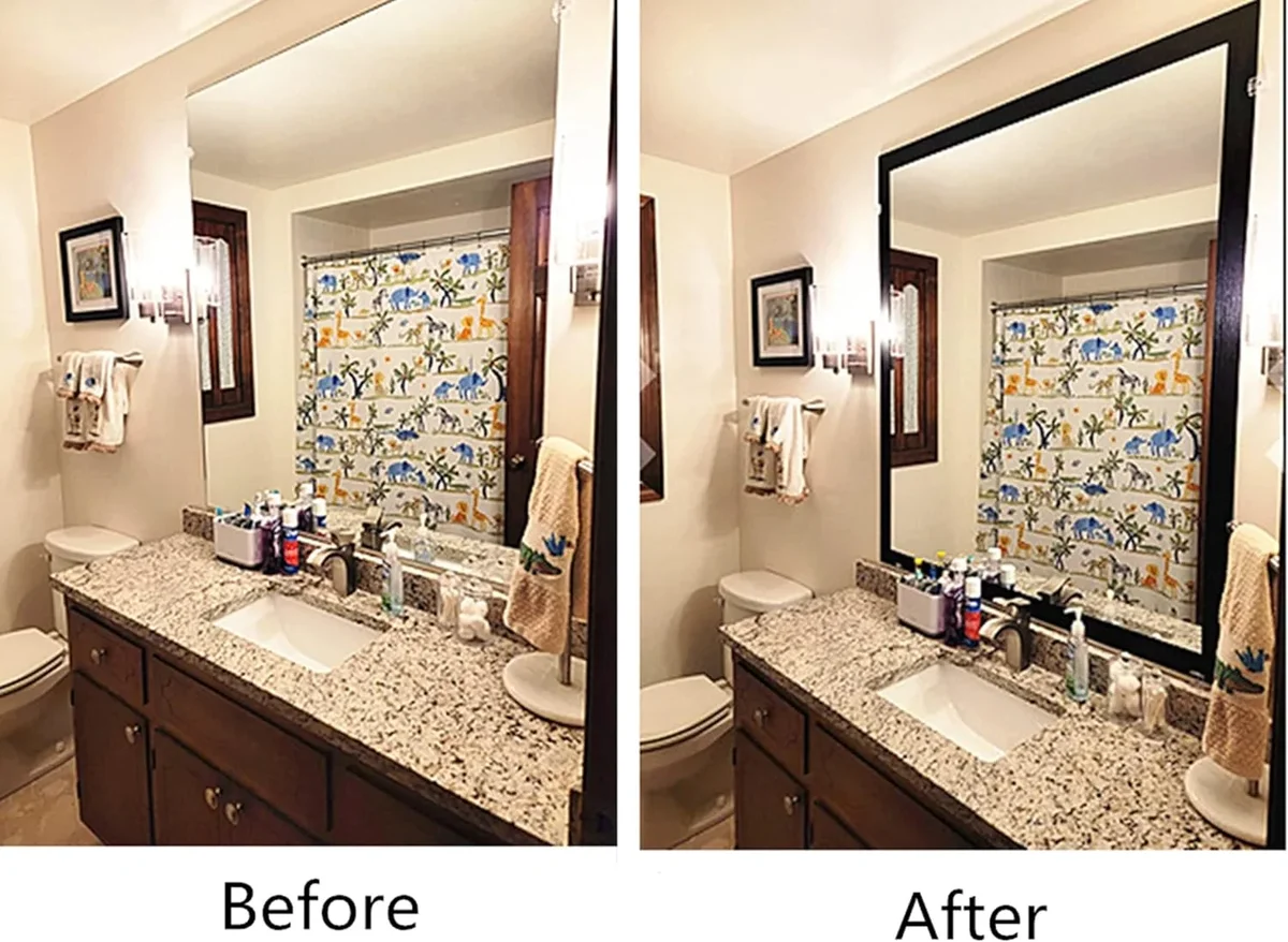 TRIANI Bathroom Mirror Frame Border Sticker,Black Border Stick , Black Wood Grain Wallpaper Border Removable Waterproof Bathroom Mirror Frame Sticker(3. 7104