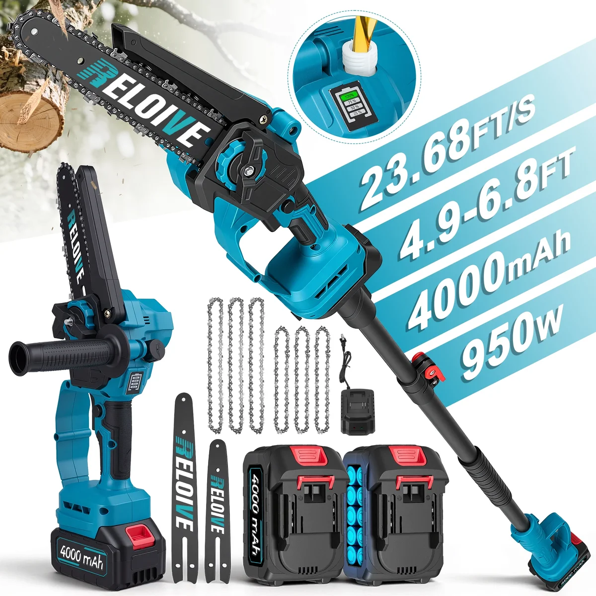 RELOIVE 3-in-1 Cordless Pole Saw & 6" & 8"Mini Chainsaw,4.9-6.8FT Telescoping Branch Cutter with 2PCS 4000mAh Batteries and a Charger,Brushless P 3751