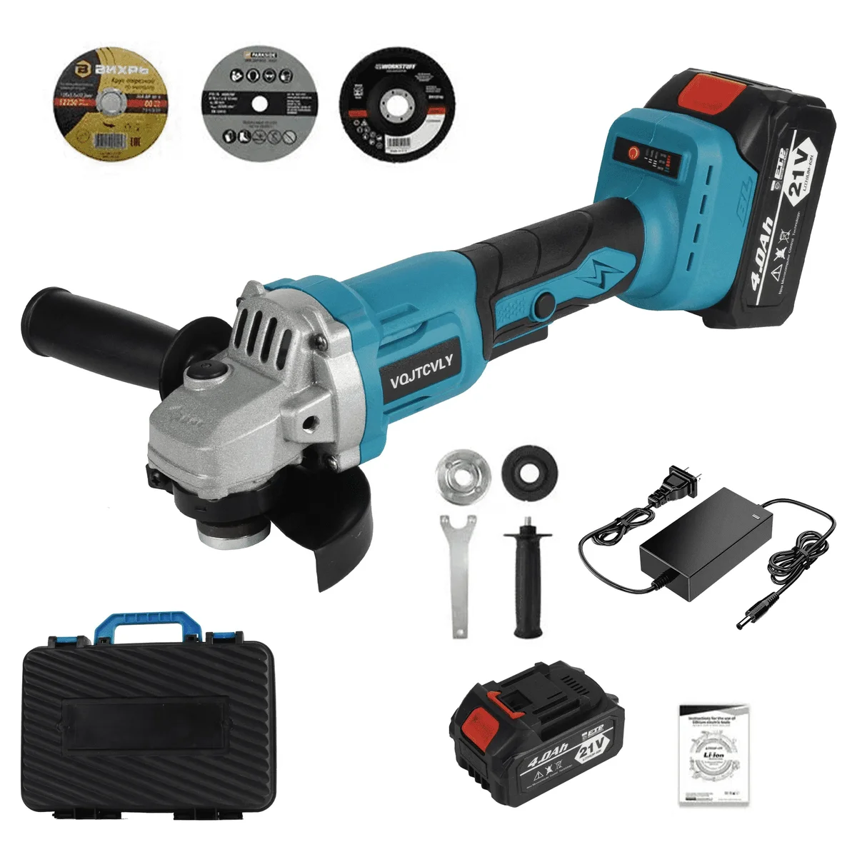 Euur 21V Cordless Angle Grinder, 4.0Ah Battery & 2A Fast Charger, 12000RPM Brushless Motor, Power Angle Grinder with Cutting & Grinding Wheels, F 8268