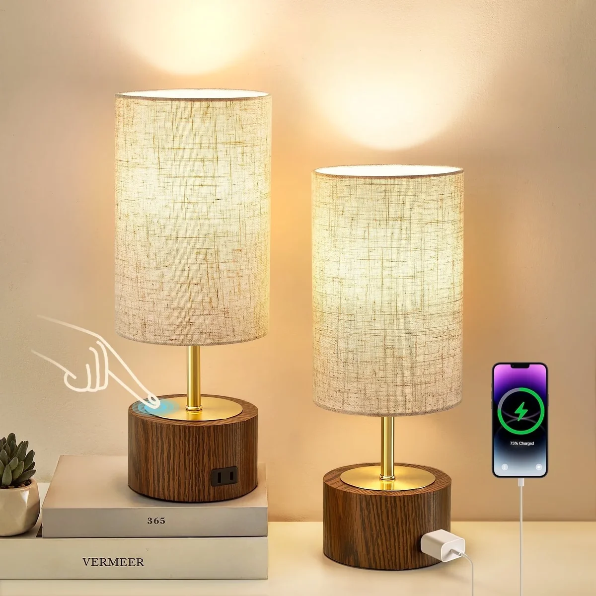 NATYSWAN Small Table Lamps for Bedroom,Modern Touch Lamps Set of 2 with USB Ports and Fabric Shade, Minimalist Desk Lamp for Living Room Office D 3651