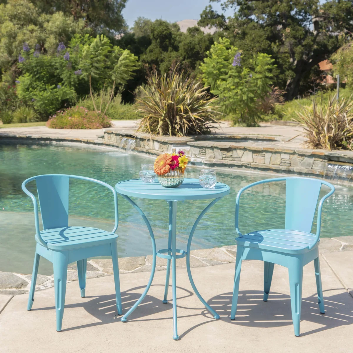 Everdaily Essentials Rodriguez Outdoor 3 Piece Iron Bistro Set, Matte Blue 0121