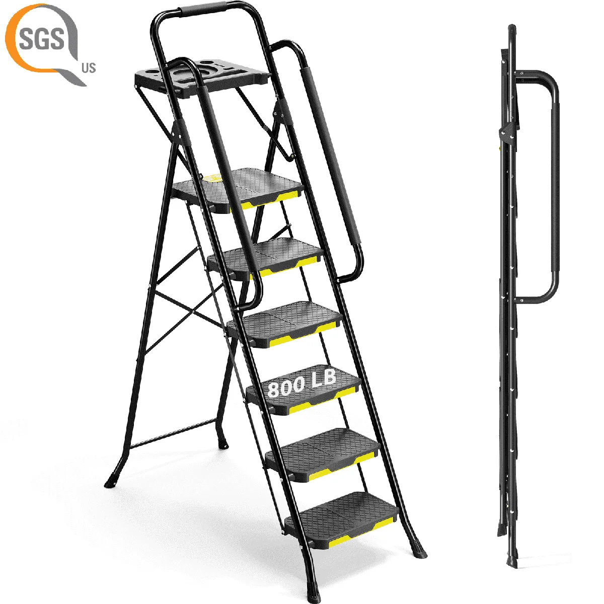 Everdaily Essentials KK 6 Step Ladder, Metal Ladder with Tool Platform&Handrails, 800 lbs Capacity, Black 4973