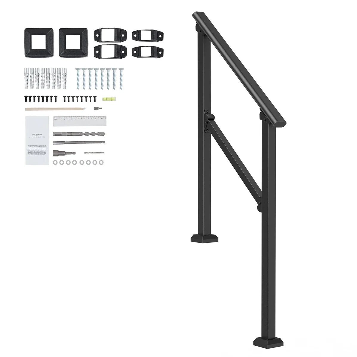 Everdaily Essentials Outdoor Handrails for 2-3 Steps, Sturdy Carbon Steel Stair Rail Kit, Includes Mounting Gear, Ideal for Elderly, Suitable for Concrete Step 9151